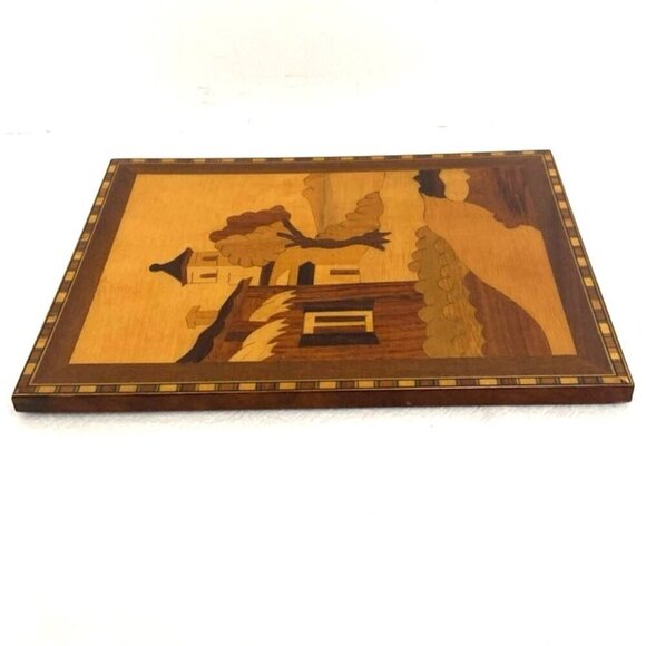 Vtg Marquetry Inlaid Wood Plaque Church Coastal Tree Hanging Wall Art - Picture 5 of 5